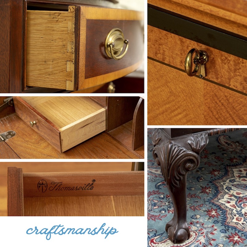 Examples of vintage Thomasville craftsmanship include dovetail joinery, exquisite marquetry inlays, and decorative carved elements. 